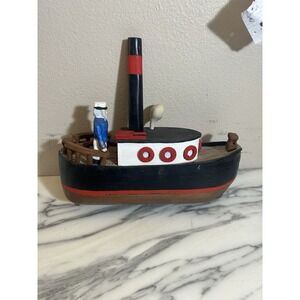 Handmade Wooden Tugboat Steam Boat Toy w Captain Figure Nautical Vintage